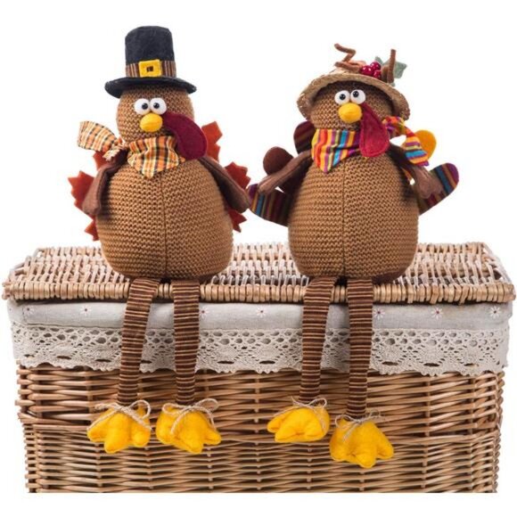 2 Pack Stuffed Turkey Couple Doll Thanksgiving Tabletop Decoration - Picture 1 of 7